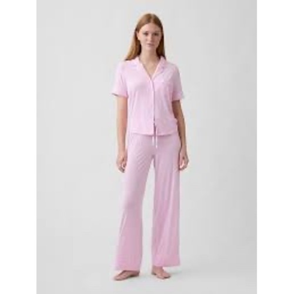GapBody Women Pink Pajama‎ Set Short Sleeve Button Top Wide Leg Pants Small
